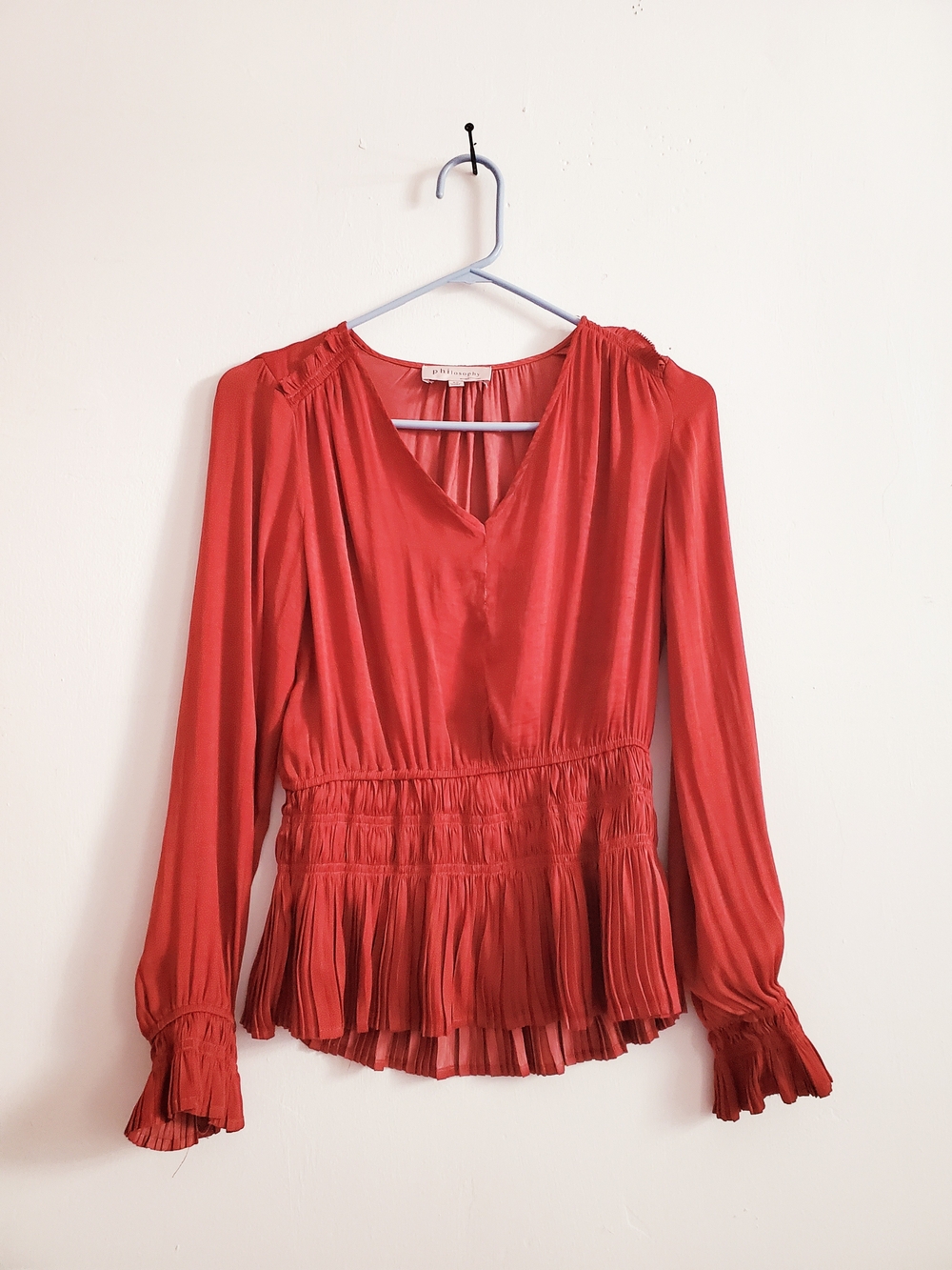 Philosophy Brick Red V-Neck Long Sleeve Pleated Peplum Blouse